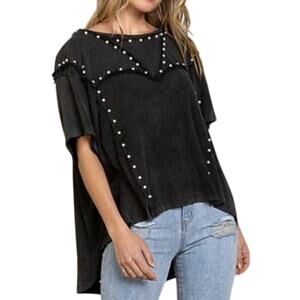 Pol Oversized Pearl Detail Ribbed Top Frayed Edge Twill Size S Bohemian Indie